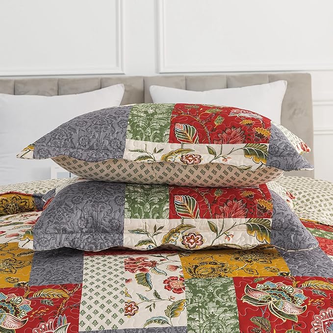 HoneiLife Queen Quilt Bedding Sets - Floral Quilt Bedding Sets 3-Piece 90x96, Microfiber Reversible Bedspreads Patchwork Coverlet Nostalgic Bedding Set All Season Quilts