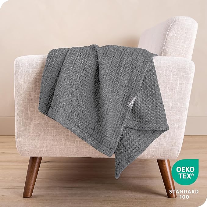 Bare Home Grey Waffle Blanket, Full/Queen 90Wx90L, 100% Cotton, Soft & Breathable Throw for All Seasons, Lightweight Blanket, Perfect for Layering Bed, Sofa & Couch (Full/Queen, Grey)