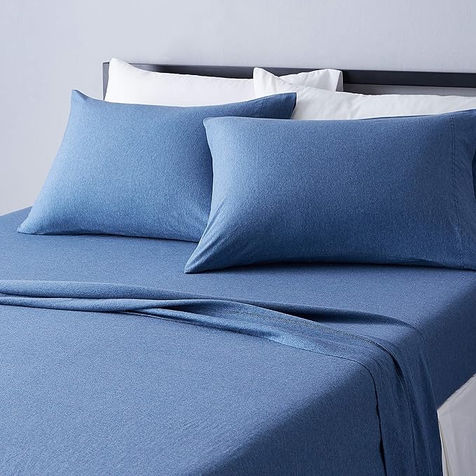 Amazon Basics 4 Piece Bed Sheets Set, 100% Cotton Jersey, Includes Super Soft, Flat and Fitted Sheets, Pillowcase, Queen, Chambray, Solid