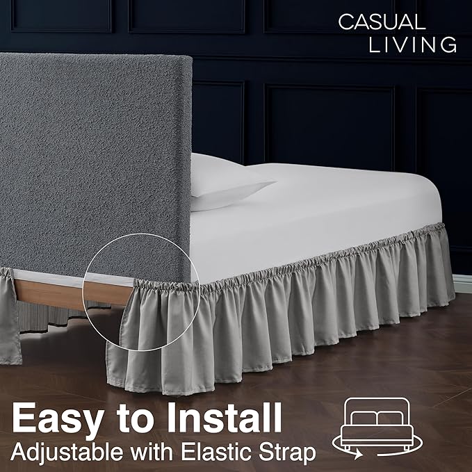 Bed Skirt Twin/Twin XL Bed Skirt Wrap Around Ruffled Box Spring Cover, Easy Install, Washable 15" Drop Elastic Dust Ruffle by Casual Living, 39-inch x 75-inch, Grey
