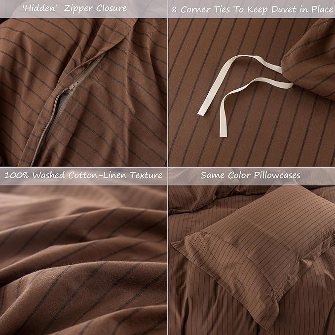 Stripe Duvet Cover King Size 104inch x 90inch,100% Washed Cotton Pinstripe Duvet Cover with Zipper Closure and 2 Pillowcases, Color of Cocoa Brown-Black Stripe