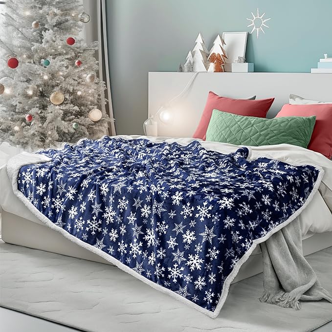 PAVILIA Premium Christmas Sherpa Throw Blanket | Blue Snowflake Decoration, Fleece, Plush, Warm, Cozy Reversible Microfiber Holiday Blanket 50 x 60 Inches