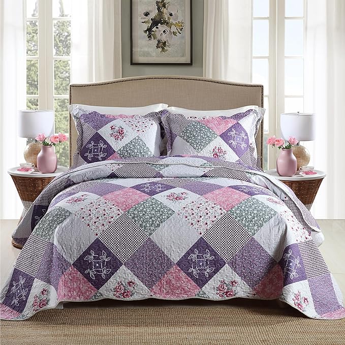 HoneiLife Quilt Set King Size - 3 Piece Microfiber Quilts Reversible Bedspreads Patchwork Coverlets Floral Bedding Set All Season Quilts-Little Rose,Purple