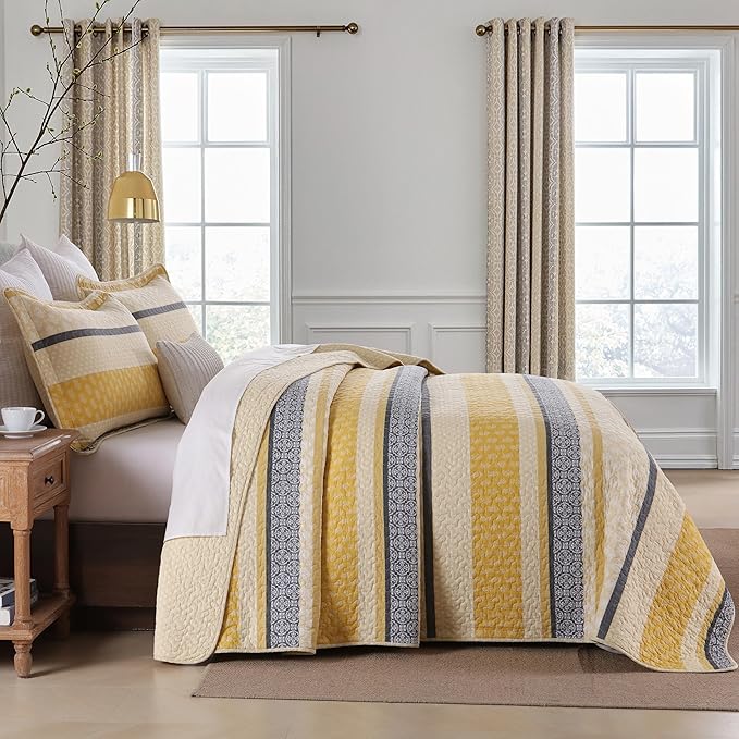 Homzard Quilt King Size - Cotton King Quilt Bedding Set, Yellow Black Gray King Size Comforter Set,Farmhouse Striped Bedspread King Size,Lightweight Bedding Home Decor 3 Piece