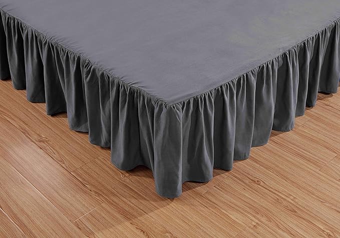 Sheets & Beyond Wrap Around Solid Microfiber Luxury Hotel Quality Fabric Bedroom Gathered Ruffled Bedding Bed Skirt 14 Inch Drop (Full, Charcoal)