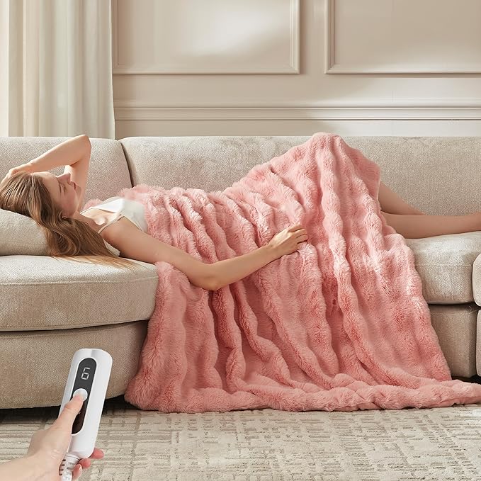 CCU-Warmth Heated Throw Blanket - Fast Heating 3D Jacquard Electric Heated Blanket, Cozy Heating Blanket with 6 Heating Settings & 4 Hours Auto-Off, 50"x60", Pink