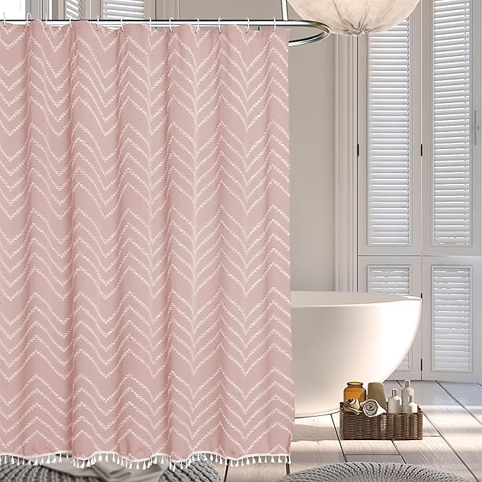 Pink Boho Shower Curtain White Tassel Woven Fabric Cute Shower Curtain 60 x 72 Modern Farmhouse Textured Tufted Chevron Striped Minimalist for Bathroom