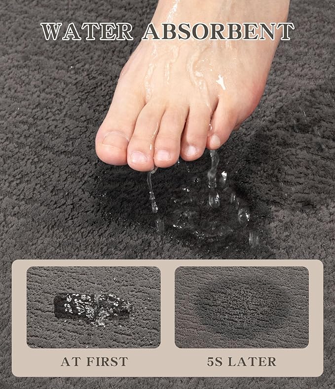 chakme Bathroom Rug Sets 5 Piece, Ultra Thin Bath Mat Quick Dry, Absorbent, Non Slip, Machine Washable, Dark Grey, 5 Piece