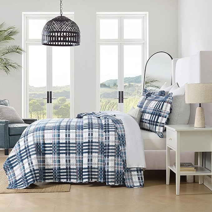 Quilt King Size, Cotton King Size Comforter Set, Blue White Striped Bedding Sets, Plaid King Bedspread,Striped Bed Set Lightweight Reversible All Season 3 Piece