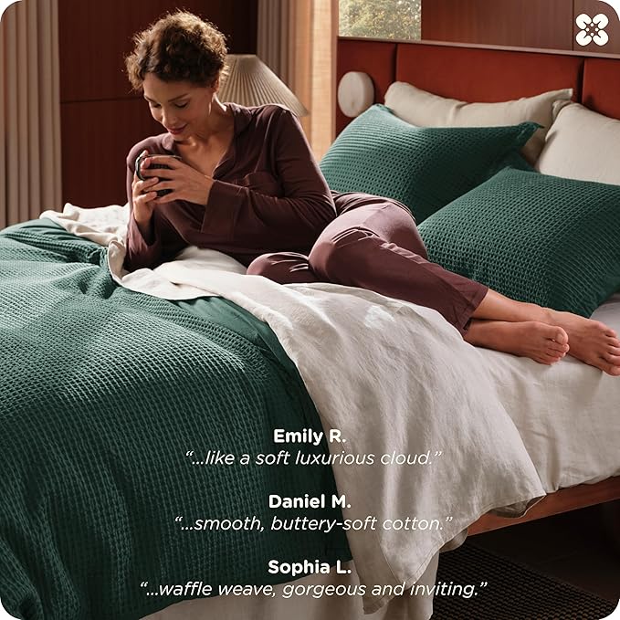 Bedsure Cotton Duvet Cover King - 100% Cotton Waffle Weave Forest Green Duvet Cover King Size, GentleSoft™ and Breathable Bedding Set for All Season, 3 Pieces, 104"x90"
