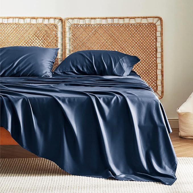 Bedsure King Size Sheets Set, Cooling Sheets for Hot Sleepers, Rayon Derived from Bamboo, Breathable & Soft, Deep Pocket Up to 16 Inches, Hotel Luxury Silky Bedding, Navy