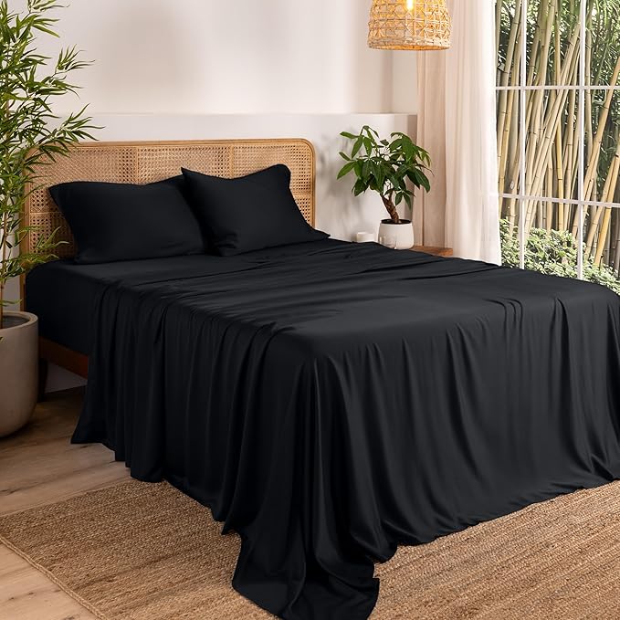 Bare Home 100% Rayon Made from Bamboo Luxury King Sheet Set - 4 Piece Bedding Set - Deep Pockets - Cooling Sheets - Breathable - Easy Fit - Soft Bedding Sheets & Pillowcases (King, Black)