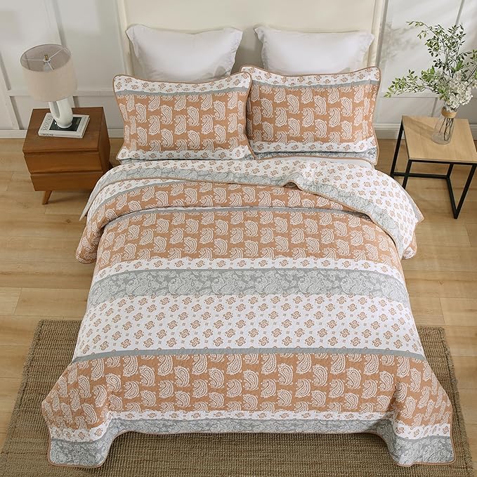 Terracotta Quilts Queen Size, Cotton Queen Comforter Set, Orange Grey Bedding, Lightweight Bedspread Machine Washable 3 Piece
