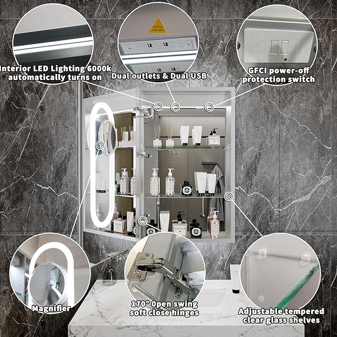 Lighted Medicine Cabinet with Mirror 20"x32" Recessed LED Medicine Cabinet Mirror, Front&Backlit, 3-Color Temperatures，Stepless Dimming, Anti-Fog, Magnifier, 2 Outlets, Storage Shelves, Left Hinge