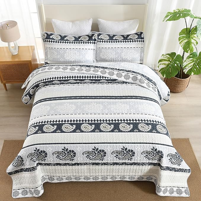Cotton Comforter Set, Blue Quilts Queen Size, Luxury Striped Bedding Queen Size,Lightweight Reversible Bedspread 3 Piece