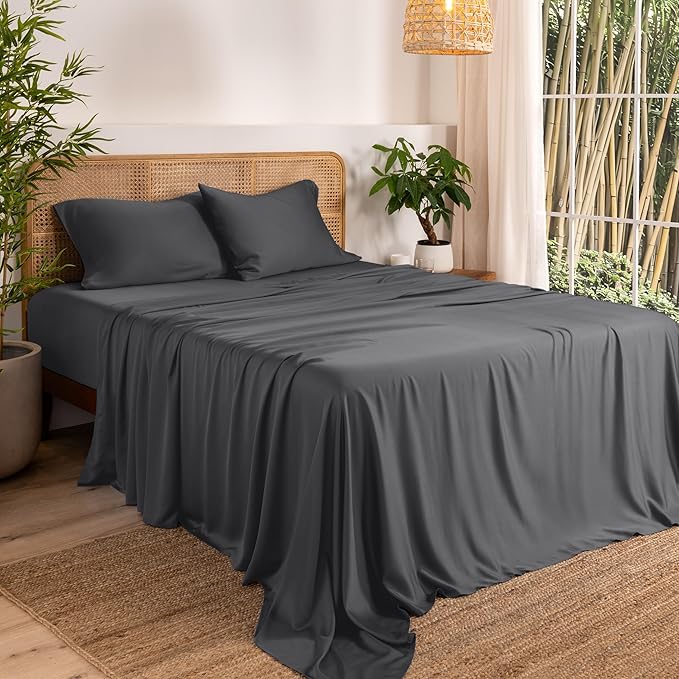 Bare Home 100% Rayon Made from Bamboo Luxury Queen Sheet Set - 4 Piece Bedding Set - Deep Pockets - Cooling Sheets - Breathable - Easy Fit - Soft Bedding Sheets & Pillowcases (Queen, Grey)