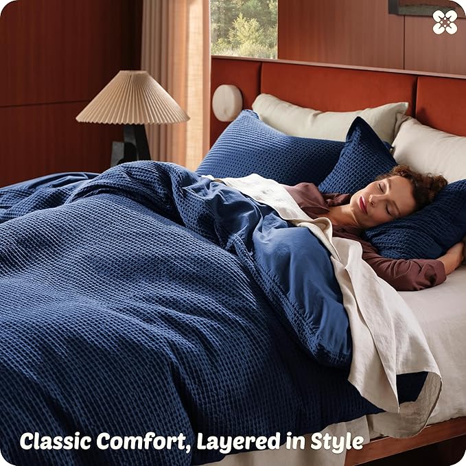 Bedsure Cotton Duvet Cover King - 100% Cotton Waffle Weave Navy Blue Duvet Cover King Size, GentleSoft™ and Breathable Bedding Set for All Season, 3 Pieces, 104"x90"