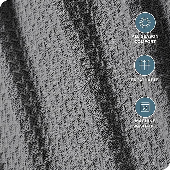 Bare Home Grey Waffle Blanket, Extra Long 66Wx90L, 100% Cotton, Soft & Breathable Throw for All Seasons, Lightweight Blanket, Perfect for Layering Bed, Sofa & Couch (Twin/Twin XL, Grey)