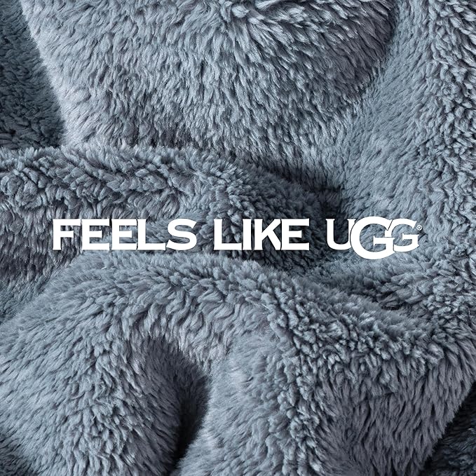 UGG Plush Full/Queen Blanket, Fleece Fluffy Blanket for Bed, Luxury Cozy Oversized Throw for Couch, Washable Hypoallergenic Queen Bedding, 90" x 90", Denim Blue (Whitecap)