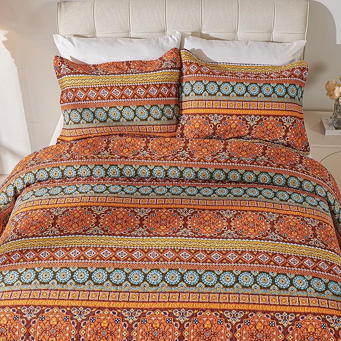Cmfshape Orange Quilt Sets Bedspread Set 100% Cotton Boho Bedding Set, All Season Use Lightweight Reversible Coverlet Quilts with 2 Pillow Shams(King 106"x96")