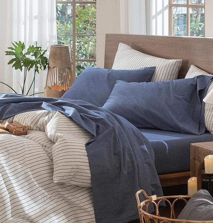 MooMee Bedding Sheet Set 100% Washed Cotton Linen Like Textured Breathable Durable Soft Comfy (Heathered Blue, Full)
