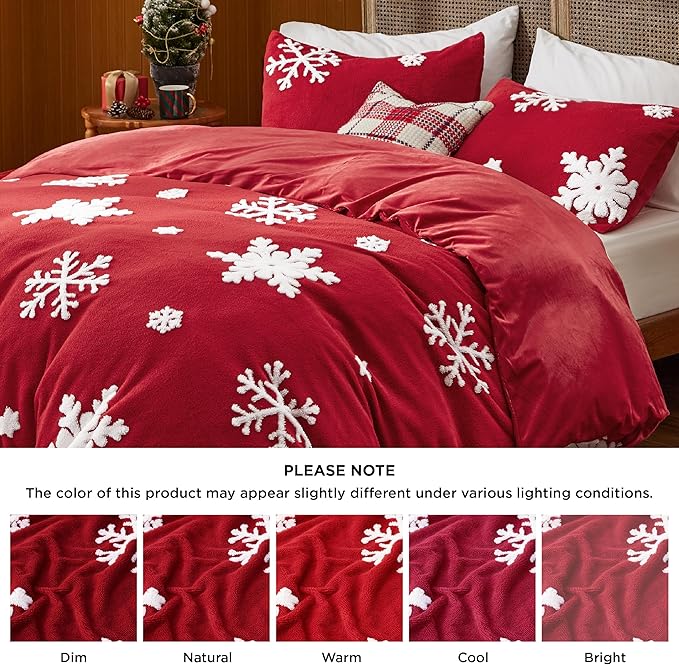 Bedsure Fluffy Duvet Cover Set - Ultra Soft Plush Shaggy Comforter Cover Queen Size, Warm Flannel Fleece Bed Sets for Winter, 3 Pieces, Snowflake Pattern, Red