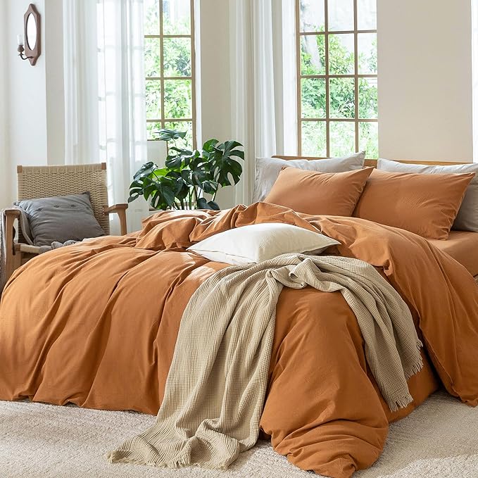 MooMee Bedding Duvet Cover Set 100% Washed Cotton Linen Like Textured Breathable Durable Soft Comfy (Solid Burnt Orange, Cal King 104"x98")
