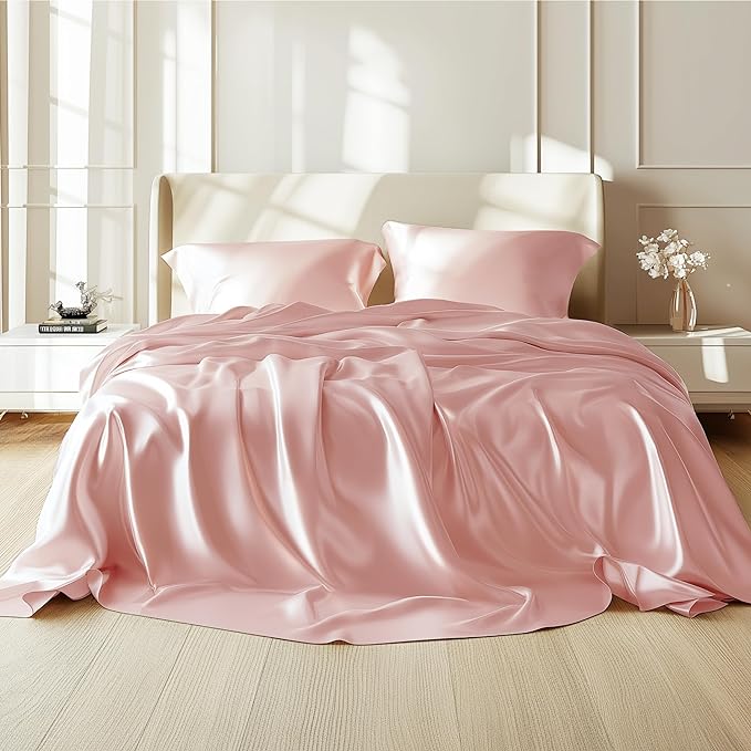 Bedsure Pink Satin Sheets Full Size - 4 Piece Silky Bedsheets with 15 Inches Deep Pocket Fitted Bedsheet,1 Flat Sheet, 2 Satin Pillowcases, Good for Hair & Skin (Full, Pink)