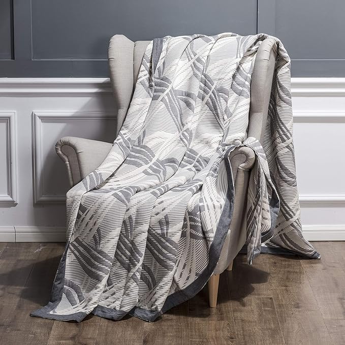 NTBAY 3 Layers Cotton Muslin 88x92 Queen Bed Blanket, Super Soft Breathable Thermal Yarn Dyed Quilt for Adults, Perfect Lightweight Blanket for Couch Sofa Bed All Seasons, Grey Wave