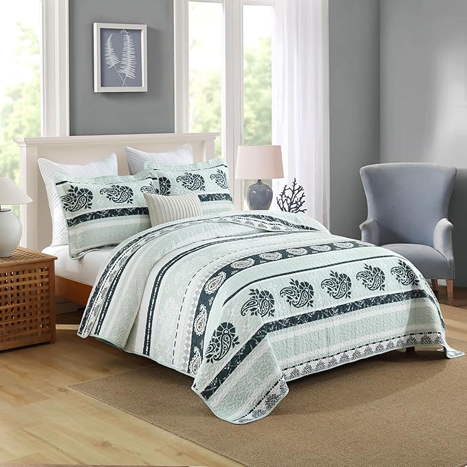 Green Quilt King Size, Cotton King Size Comforter Set, Striped Pattern Bedding, Green King Bedspread, Lightweight Reversible Coverlet All Season