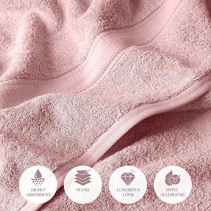Superior Egyptian Cotton Pile Bath Towel Set of 2, Ultra Soft Luxury Towels, Thick Plush Essentials, Absorbent Heavyweight, Guest Bath, Hotel, Spa, Home Bathroom, Shower Basics, Tea Rose