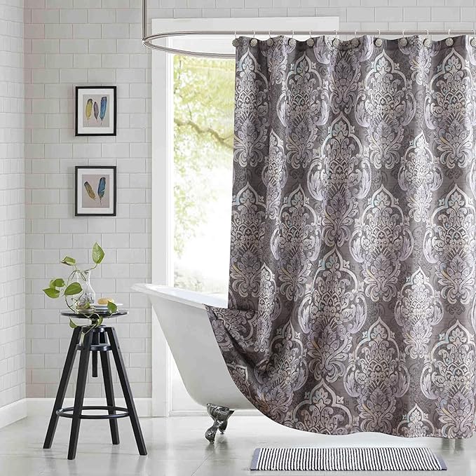 Gray and Purple Shower Curtain, Baroque Medallion Print Bath Curtain, Waterproof Polyester Fabric, 72" W x 72" H