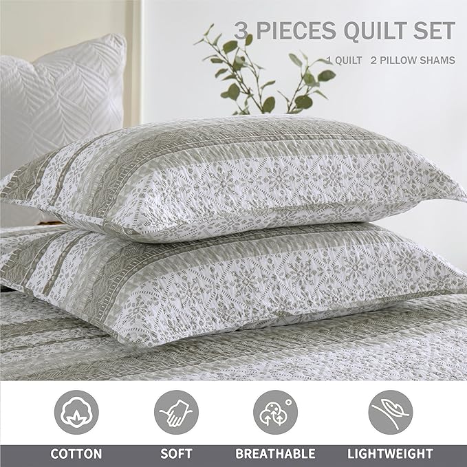 Homzard Quilts Queen Size,Grey White Snowflake Striped Quilt Bedspread Set,Cotton Boho Gray Comforter Set, Lightweight Comforter Queen Size (90 * 98 inches) and 2 Pillow Shams