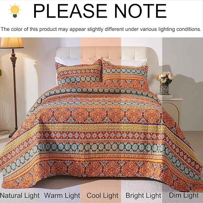 Cmfshape Orange Quilt Sets Bedspread Set 100% Cotton Boho Bedding Set, All Season Use Lightweight Reversible Coverlet Quilts with 2 Pillow Shams(King 106"x96")