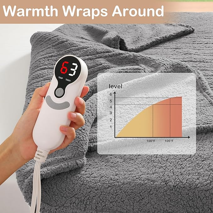 Electric Heated Blanket 6 Heating Settings & 1-10H Auto Off Full 72×84 Double Sided Plush Sherpa Ultra-Soft Warm Thick, Machine Washable, Fast Heating, Home Office Light Gray