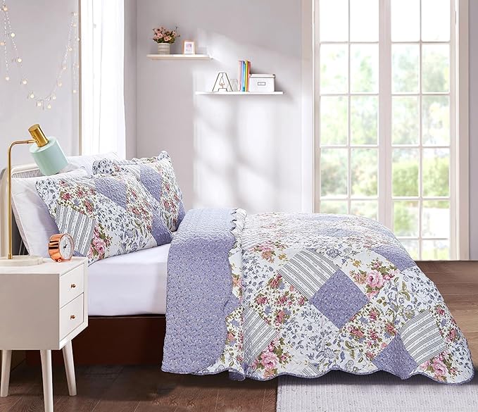 Brilliant Sunshine Rose Violet Patchwork, 3-Piece Quilt Set with 2 Shams, Reversible Bedspread, Soft Lightweight Coverlet, All-Season, King, Rose Violet