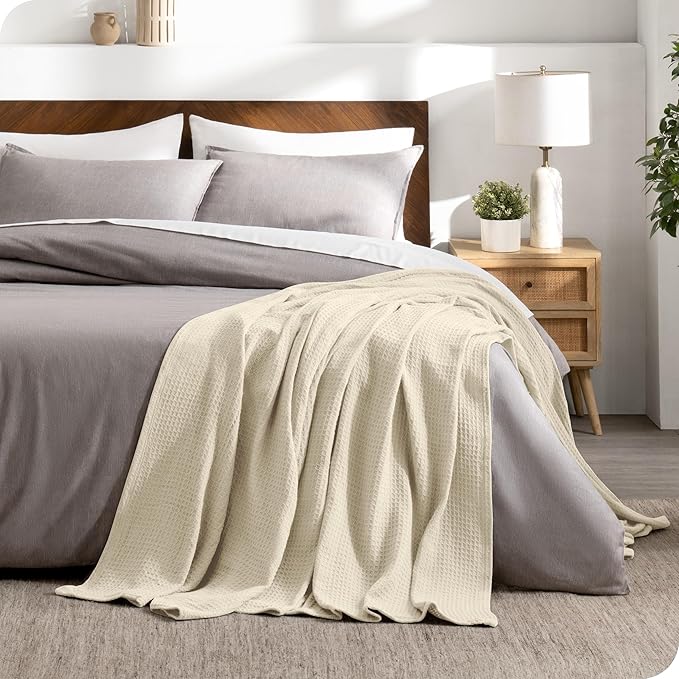 Bare Home Oyster Waffle Blanket, Throw Size 44Wx66L, 100% Cotton, Soft & Breathable for All Seasons, Lightweight, Perfect for Layering Bed, Sofa & Couch (Throw/Travel, Oyster)