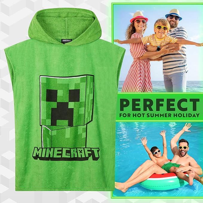 Minecraft Towelling Poncho Kids Teens Hooded Bath Towels Absorbent Beach Towel (Green, 6-9 Years)