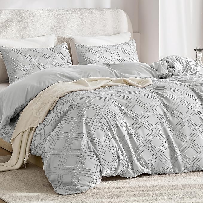 JELLYMONI Duvet Cover Queen Size Light Grey - 3PCS Boho Duvet Cover Set Plaid Polyester Tufted Bohemian Jacquard Knit Textured Comforter Cover 90×90in Rhombic Geometric Pattern Zipper Corner Tie