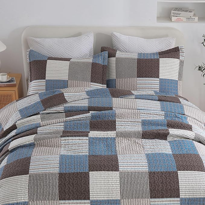 Uniclinens Plaid Quilt Set King Size, 100% Cotton Patchwork Quilt Bedding Set Bedspreads, Farmhouse Lightweight Comforter Quilted Quilt, 3 Pieces Set with 2 Pillowshams, Blue/Brown/White