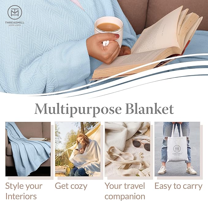 Threadmill Luxury Cotton Blankets for Twin Size Bed | All-Season 100% Cotton Twin Blanket for Bed | Herringbone, Soft & Cozy Fall Thermal Blanket, 350GSM, 68x92 inches | Light Blue