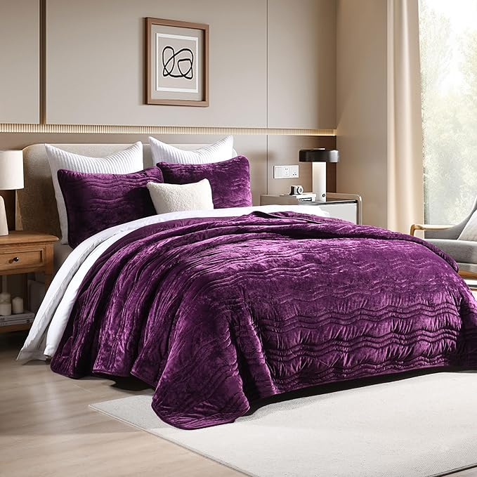 Velvet Quilt, Purple King Size Comforter Set, Luxury Bedding,Soft Plush King Bedspread, Machine Washable Coverlet,All-Season 3 Pieces