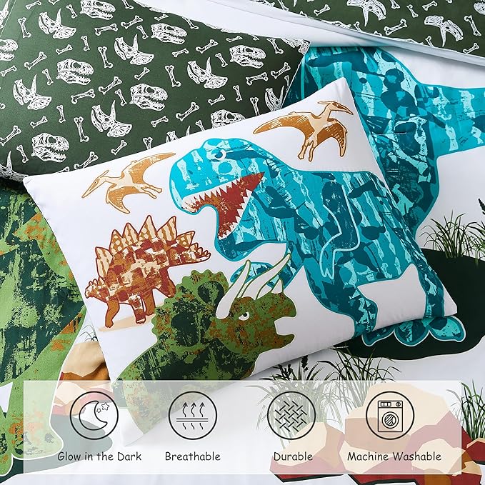Full Size Comforter Set for Boys-7 Pieces Dinosaur Glow in The Dark Full Bedding Sets for Kids, Ultra Soft Bed in A Bag with Sheets