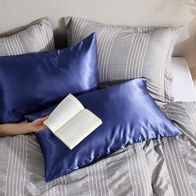 Bedsure Satin Pillowcase with Zipper, Similar to Silk Pillow Cases 2 Pack, Satin Pillow Cases Queen Size Set of 2, Silky & Soft Navy Pillow Covers for Hair and Skin, Gifts for Women Men, 20x30 Inches