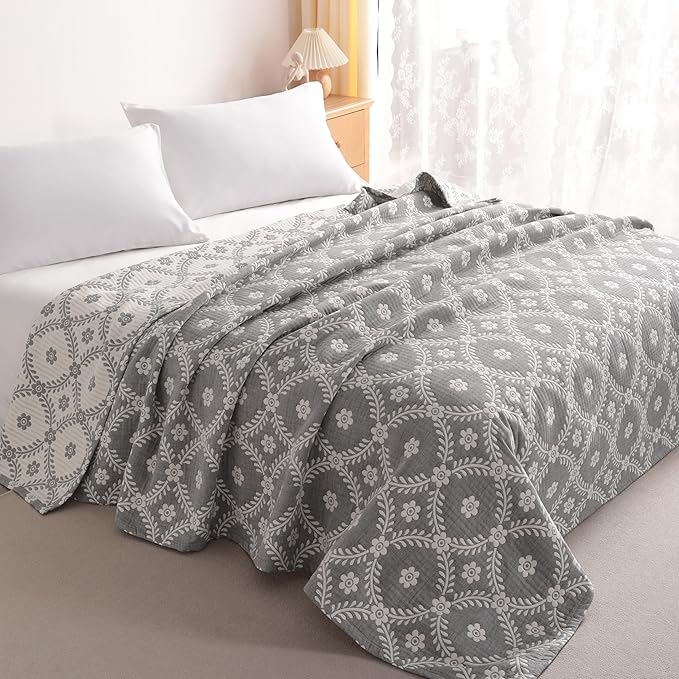 NTBAY 3 Layers Cotton Muslin 88x92 Queen Bed Blanket, Super Soft Breathable Thermal Yarn Dyed Quilt for Adults, Perfect Lightweight Blanket for Couch Sofa Bed All Seasons, Grey Garlands