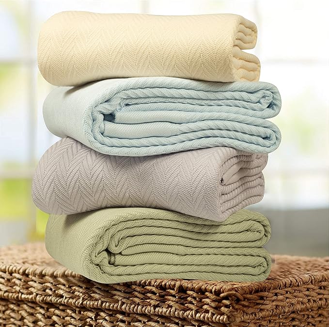 Threadmill Luxury Cotton Blankets for Queen Size Bed | All-Season 100% Cotton Queen Size Blanket | Herringbone Soft Breathable Fall Thermal Blanket fits Full Size Bed | Folkstone Blue