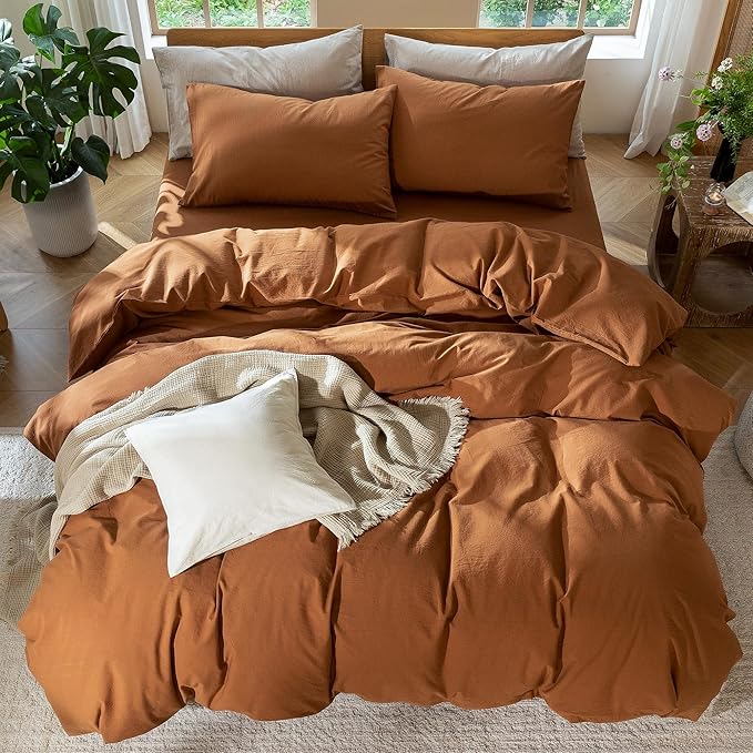 MooMee Bedding Duvet Cover Set 100% Washed Cotton Linen Like Textured Breathable Durable Soft Comfy (Solid Dark Orange, Full 80"x90")