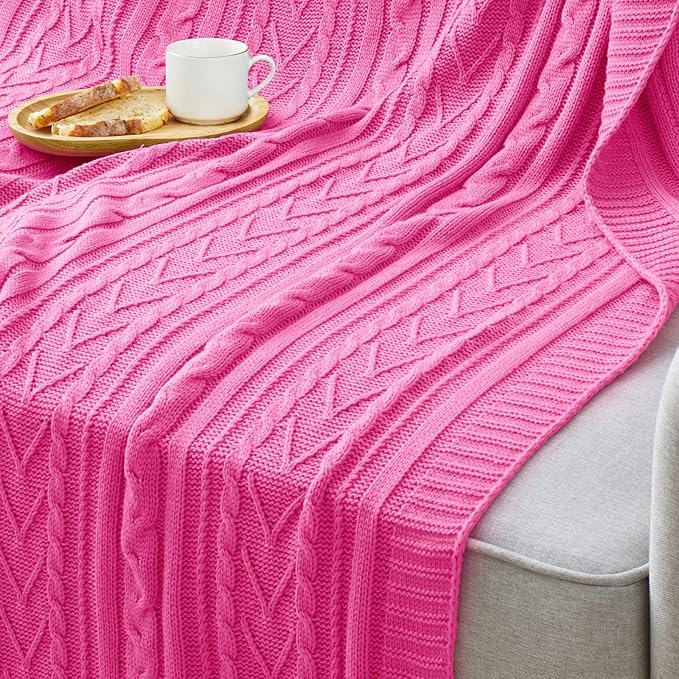 Aormenzy Hot Pink Cable Knit Throw Blankets for Couch Bed Sofa, Acrylic Knitted Blanket, Soft Cozy Throw Blanket, 50" x 60"