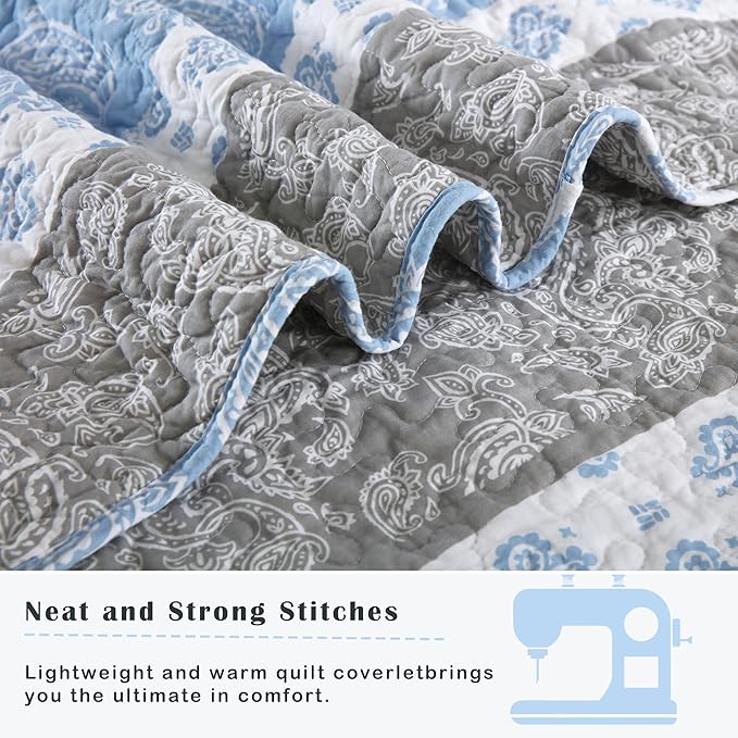 Cotton Quilts Queen Size, Blue Comforter Set, Farmhouse Striped Bedspreads Queen Size,Bohemian Bedding Comforter Sets,All Seasons 3 Pieces