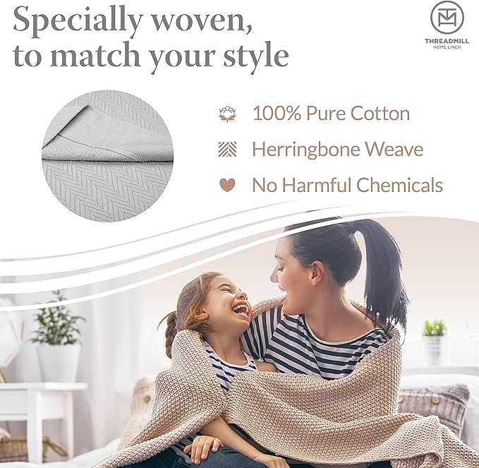 Threadmill Luxury Cotton Blankets for Queen Size Bed | All-Season 100% Cotton Queen Size Blanket | Herringbone Cozy, Soft Breathable Fall Thermal Blanket fits Full Size Bed | Light Grey